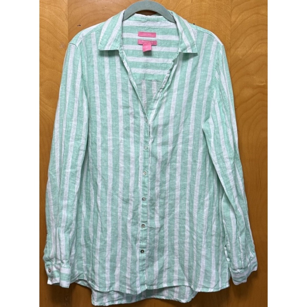 Isaac Mizrahi NY Women's 100% Linen Button Front Shirt Striped Green/White Sz L